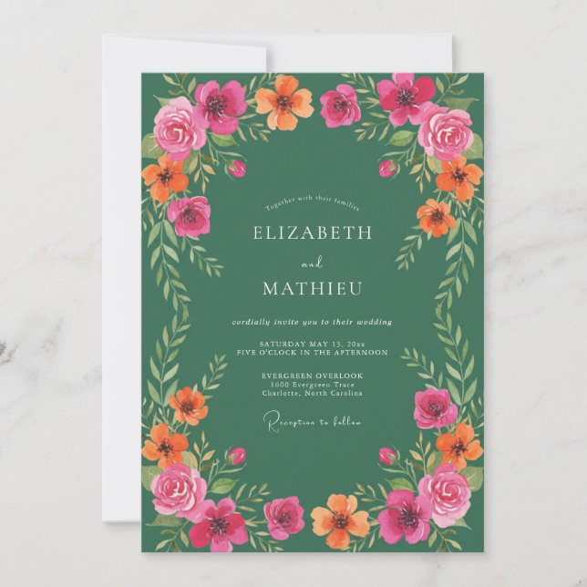 Convite Casamento com Aquarela Botânica Verde Floresta (Frente)