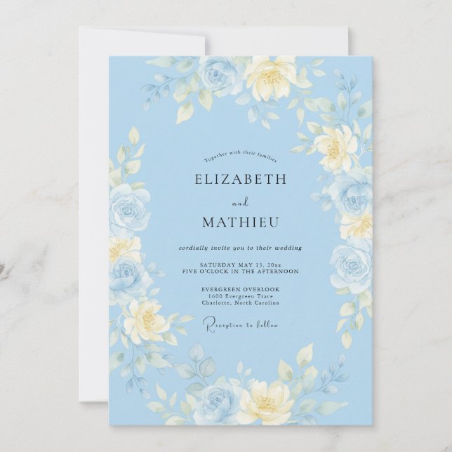 Convite Casamento com Aquarela Caprichosa Azul Céu (Frente)