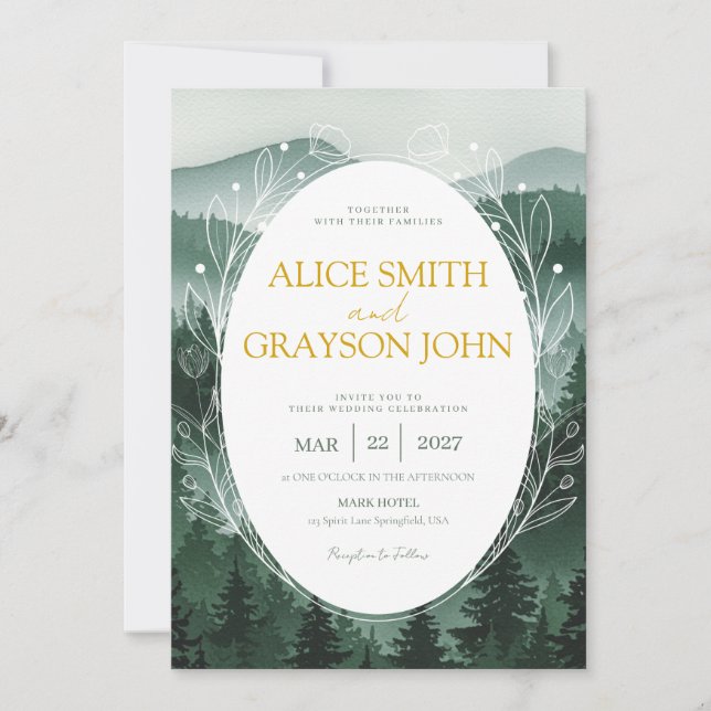 Convite Casamento com Aquarela Clássica Floral Verde da Fl (Frente)