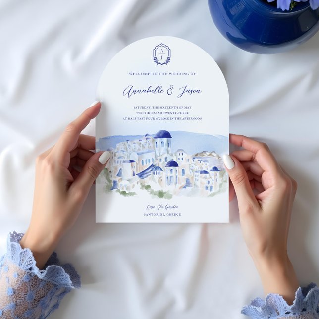 Convite Casamento com Aquarela da Arquitetura de Grécia Sa (Santorini Greece Architecture Watercolor Wedding Invitation)
