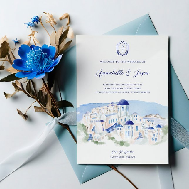 Convite Casamento com Aquarela da Arquitetura de Grécia Sa (Santorini Greece Architecture Watercolor Wedding Invitation)