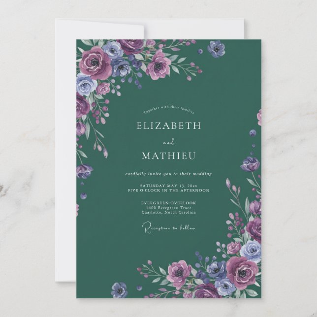 Convite Casamento com Aquarela da Floresta Violeta (Frente)