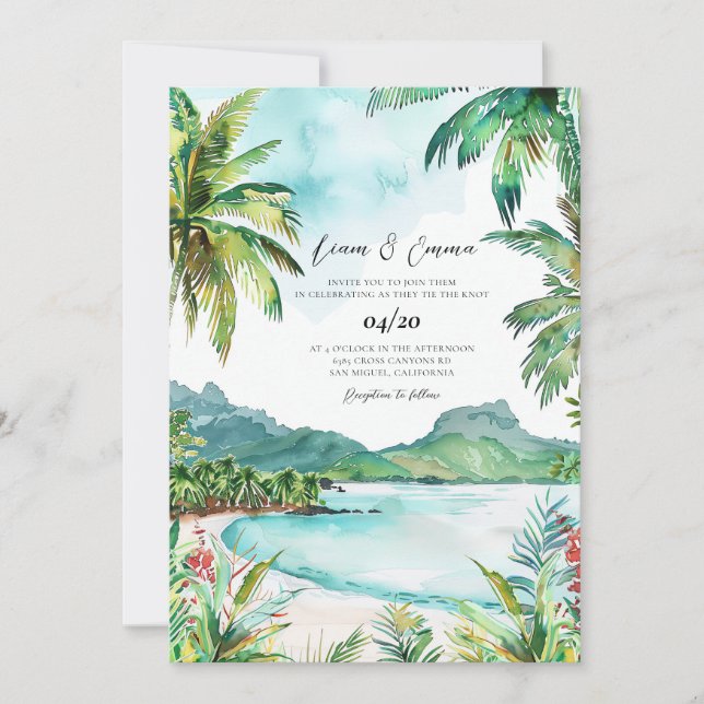 Convite Casamento com aquarela das Seychelles (Frente)
