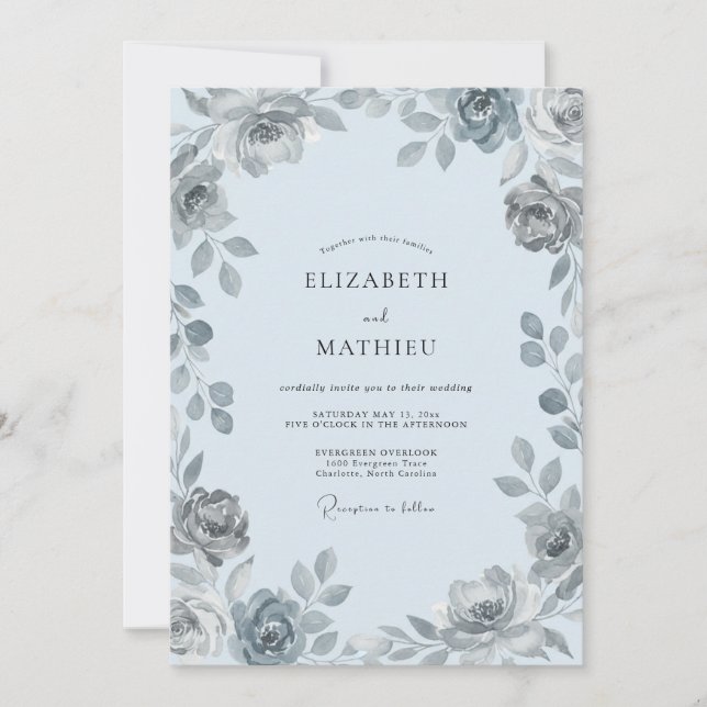 Convite Casamento com Aquarela de Água Gelada Prateada (Frente)