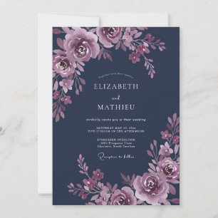 Convite Casamento com Aquarela de Ameixa à Meia-Noite
