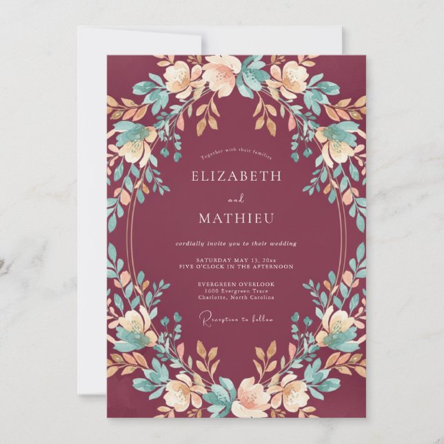 Convite Casamento com Aquarela de Ardósia Carmesim (Frente)