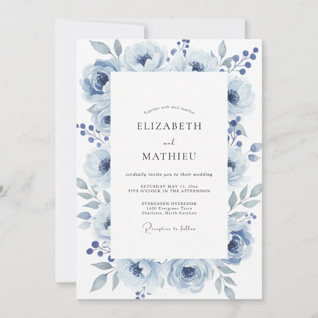Convite Casamento com Aquarela de Ardósia Empoeirada (Frente)