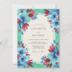 Convite Casamento com Aquarela de Azul Claro e Borgonha