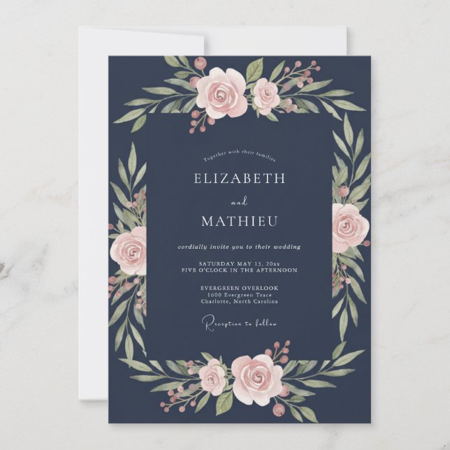 Convite Casamento com Aquarela de Azul-Marinho Intenso e R (Frente)