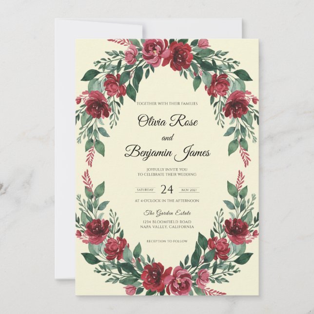 Convite Casamento com Aquarela de Borgonha Profundo (Frente)