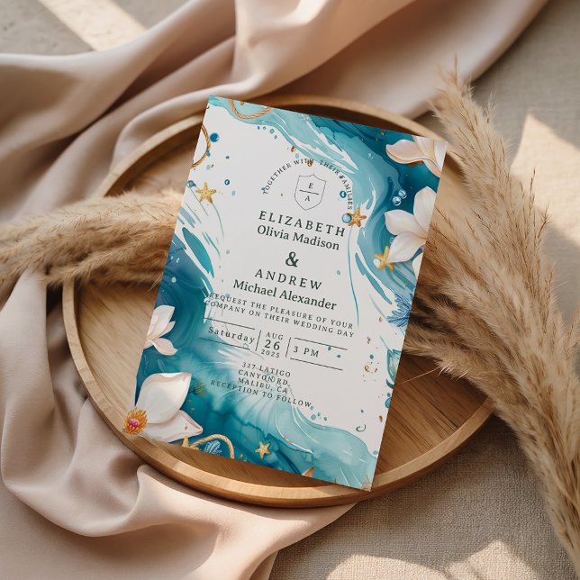 Convite Casamento com Aquarela de Conchas Marinhas da Cost (Criador carregado)