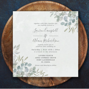 Convite Casamento com Aquarela de Eucalipto e Verdura Rúst