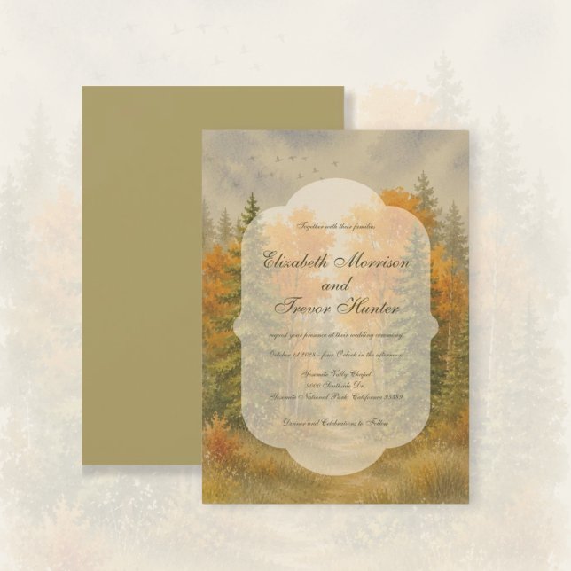 Convite Casamento com Aquarela de Floresta de Outono Rústi (Fall Forest Pine Trees Landscape Watercolor Wedding.)