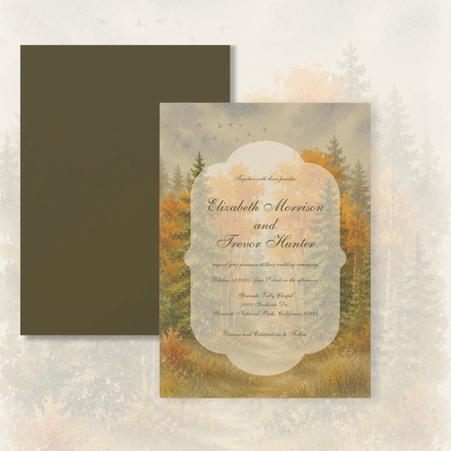 Convite Casamento com Aquarela de Floresta de Outono Rústi (Autumn Forest Pine Trees Mountains - Wedding Invitations)