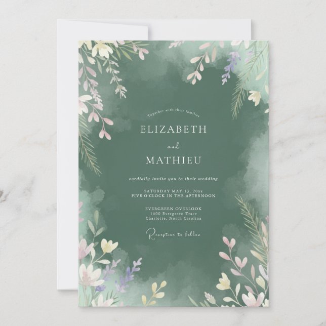 Convite Casamento com Aquarela de Floresta Escura (Frente)