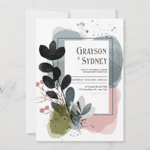 Convite Casamento com Aquarela de Folha Preta Abstrata Mod