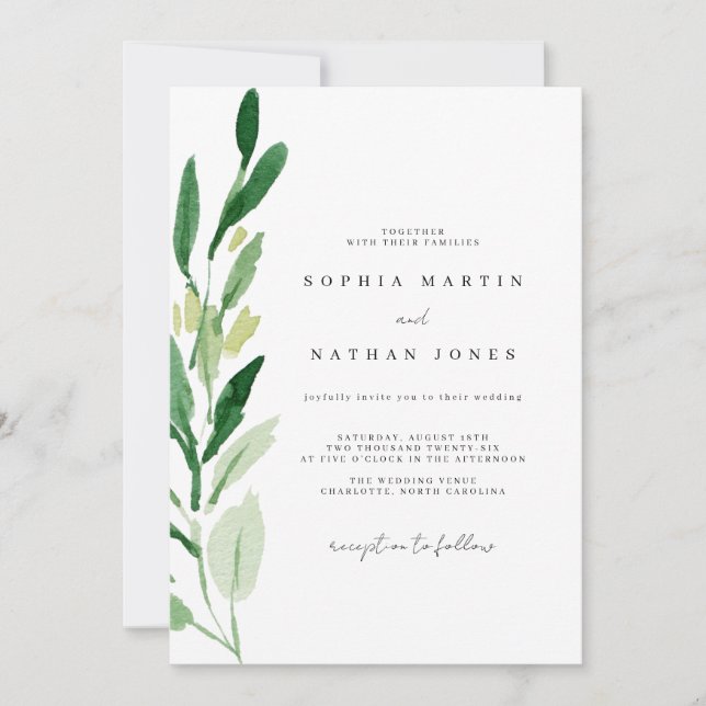 Convite Casamento com Aquarela de Folha Verde Elegante (Frente)