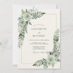 Convite Casamento com Aquarela de Folhagem Celadon