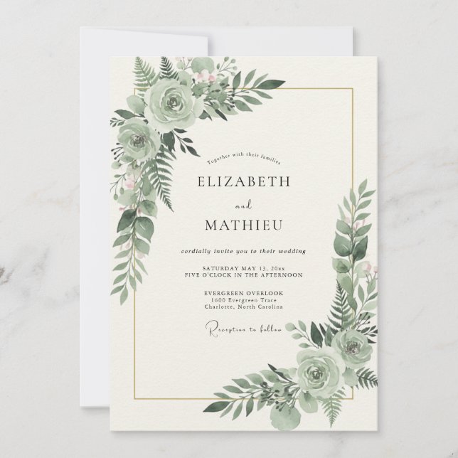Convite Casamento com Aquarela de Folhagem Celadon (Frente)