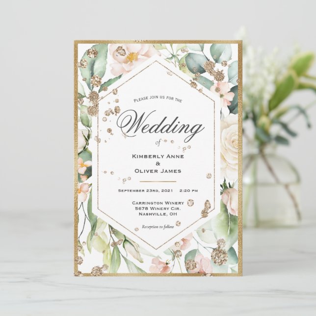 Convite Casamento com Aquarela de Frame Dourado Floral (Em pé/Frente)