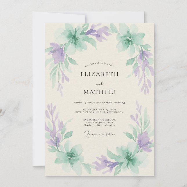 Convite Casamento com Aquarela de Hortelã e Periwinkle (Frente)