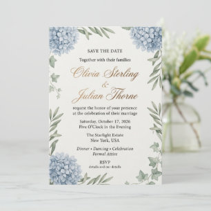 Convite Casamento com Aquarela de Hortênsia Azul Elegante