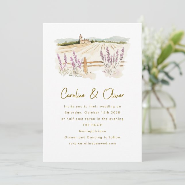 Convite Casamento com Aquarela de Lavanda da Toscana (Em pé/Frente)