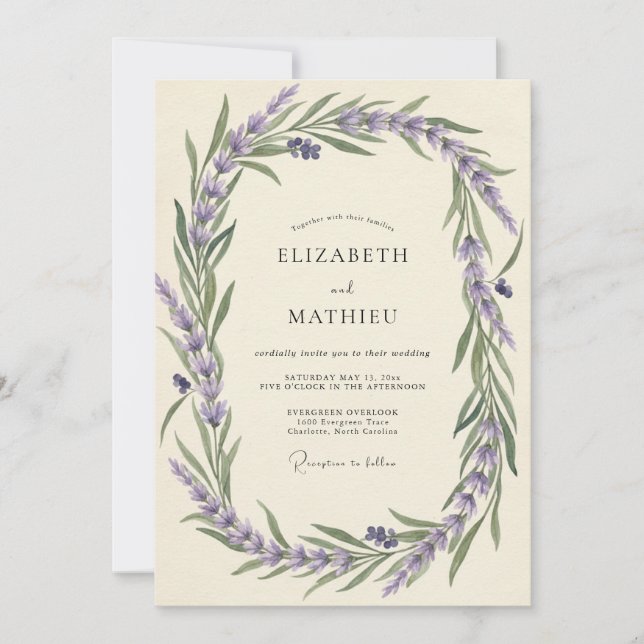 Convite Casamento com Aquarela de Lavanda Desbotada (Frente)