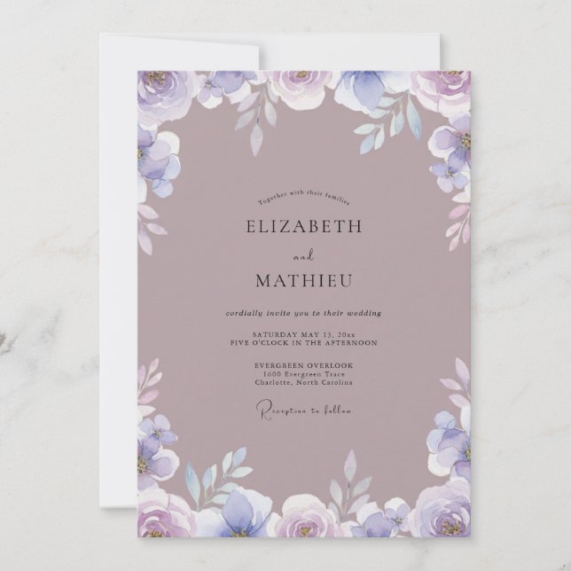 Convite Casamento com Aquarela de Lavanda Malva (Frente)