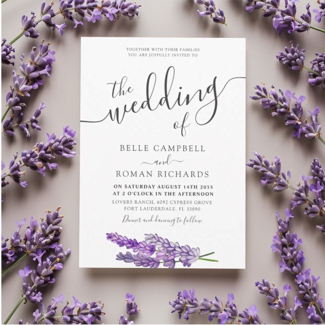 Convite Casamento com Aquarela de Lavanda Roxa Moderna  (Criador carregado)
