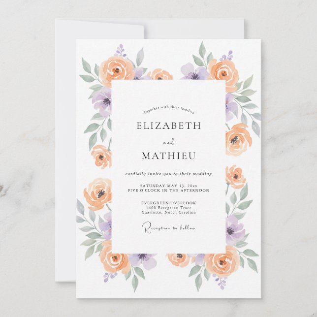 Convite Casamento com Aquarela de Lilás e Damasco (Frente)