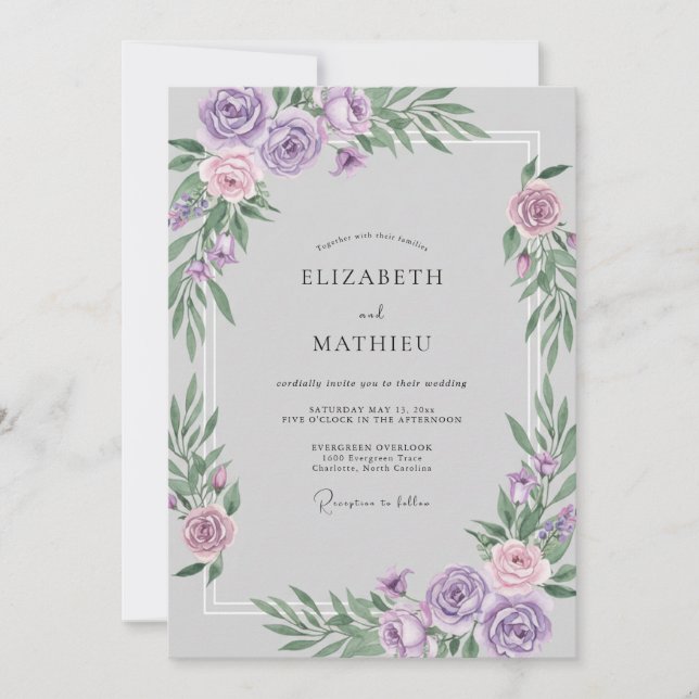 Convite Casamento com Aquarela de Lilás Prateado (Frente)