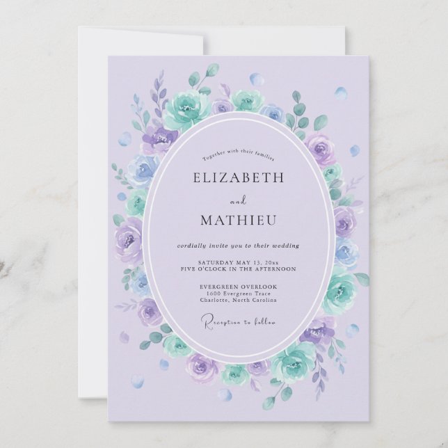 Convite Casamento com Aquarela de Lilás Suave e Água (Frente)
