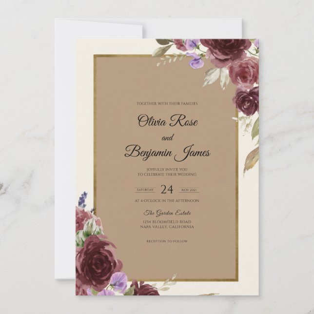 Convite Casamento com Aquarela de Malva Borgonha (Frente)