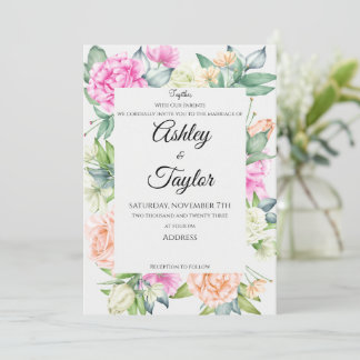 Convite Casamento com Aquarela de Moldura Floral Elegante