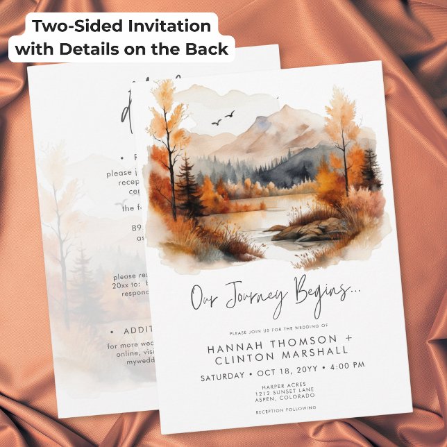 Convite Casamento com Aquarela de Montanha no Outono Rústi (Rustic Fall Mountain Watercolor Wedding Two Sided Invitation)