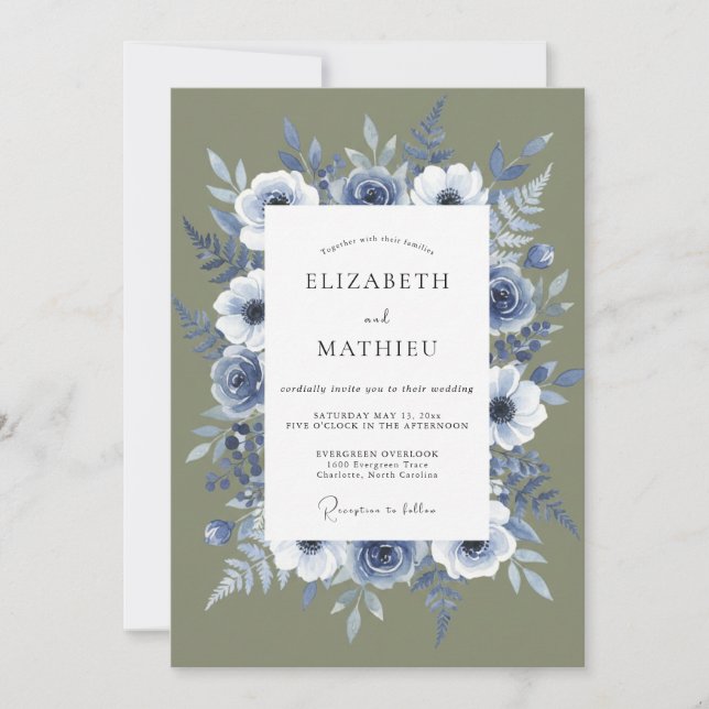 Convite Casamento com Aquarela de Musgo de Ardósia (Frente)