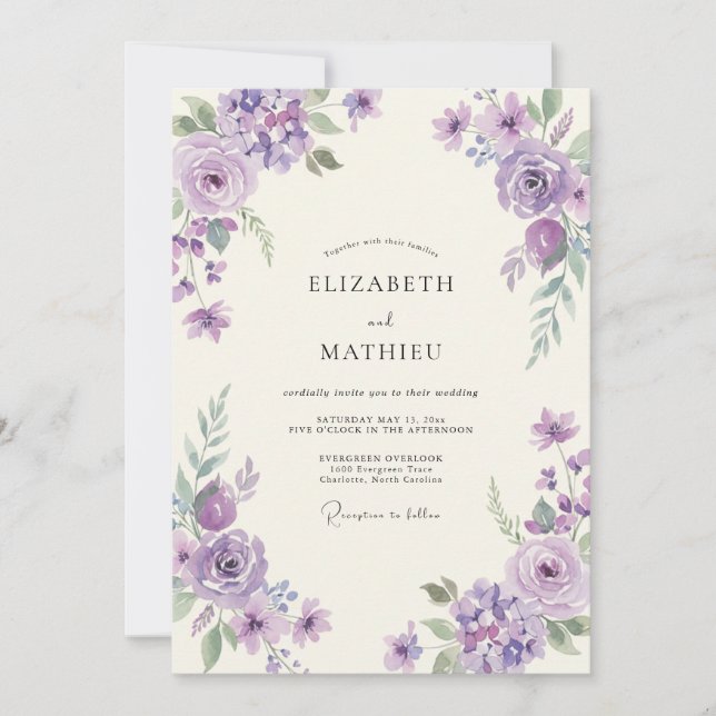Convite Casamento com Aquarela de Orquídea Violeta (Frente)