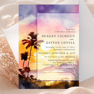 Convite Casamento com Aquarela de Palmeira ao Pôr do Sol E