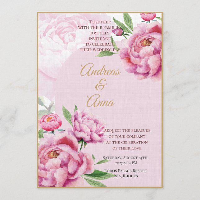 Convite Casamento com Aquarela de Peônia Rosa Blush (Frente)