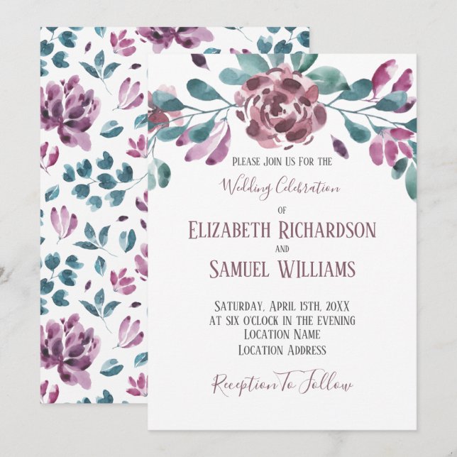 Convite Casamento com Aquarela de Peônia Violeta Roxa (Frente/Verso)