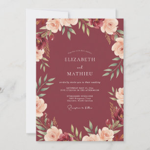 Convite Casamento com Aquarela de Pêssego Borgonha
