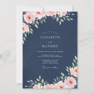 Convite Casamento com Aquarela de Pêssego e Azul Marinho P