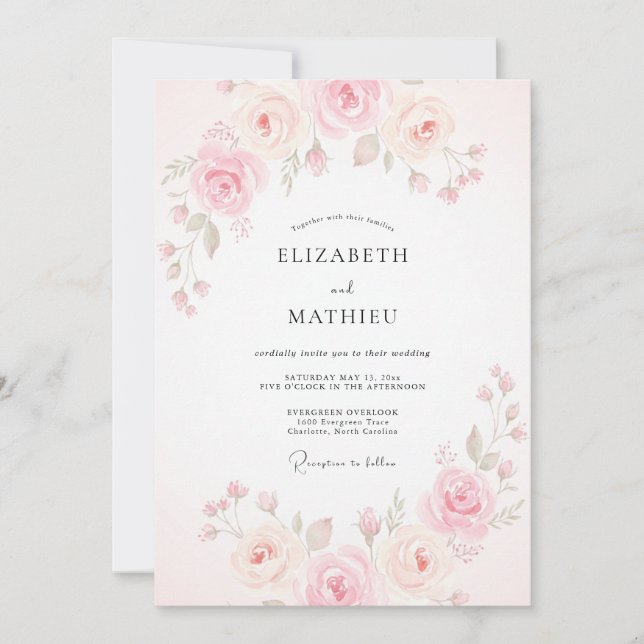 Convite Casamento com Aquarela de Pêssego Rosado (Frente)