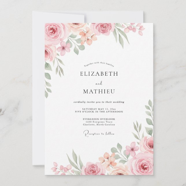 Convite Casamento com Aquarela de Pêssego Suave (Frente)