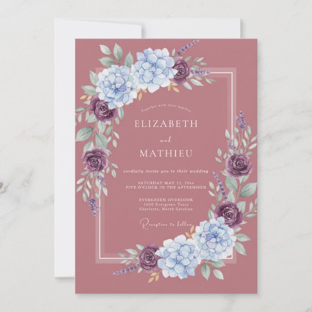 Convite Casamento com Aquarela de Plumagem Violeta (Frente)