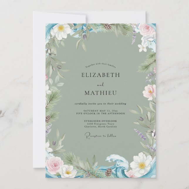 Convite Casamento com Aquarela de Rosa Beijado de Sage (Frente)