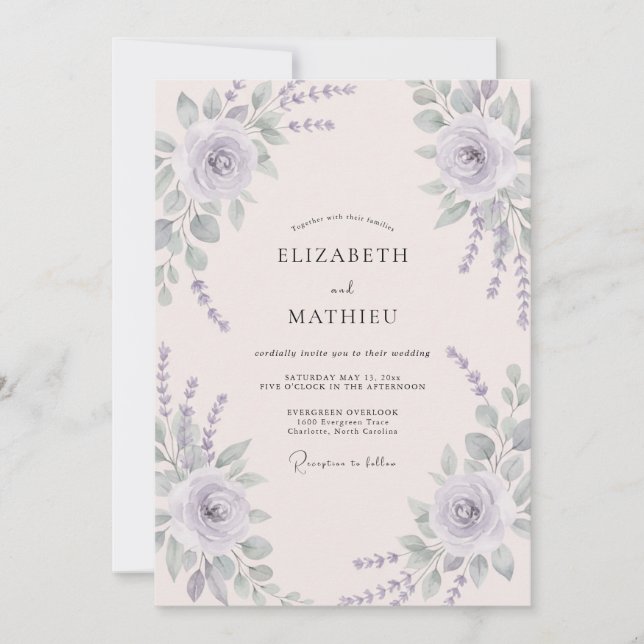 Convite Casamento com Aquarela de Sálvia e Periwinkle (Frente)