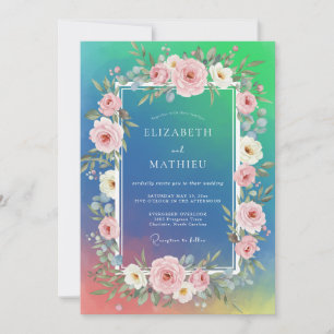 Convite Casamento com Aquarela de Tonalidade Ciano