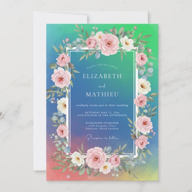 Convite Casamento com Aquarela de Tonalidade Ciano (Frente)